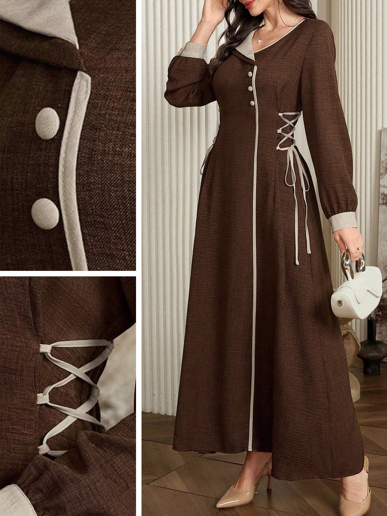 Modely Women's Color Block Lapel Long Sleeve Side Tie Waist Elegant Arabian Dress shein