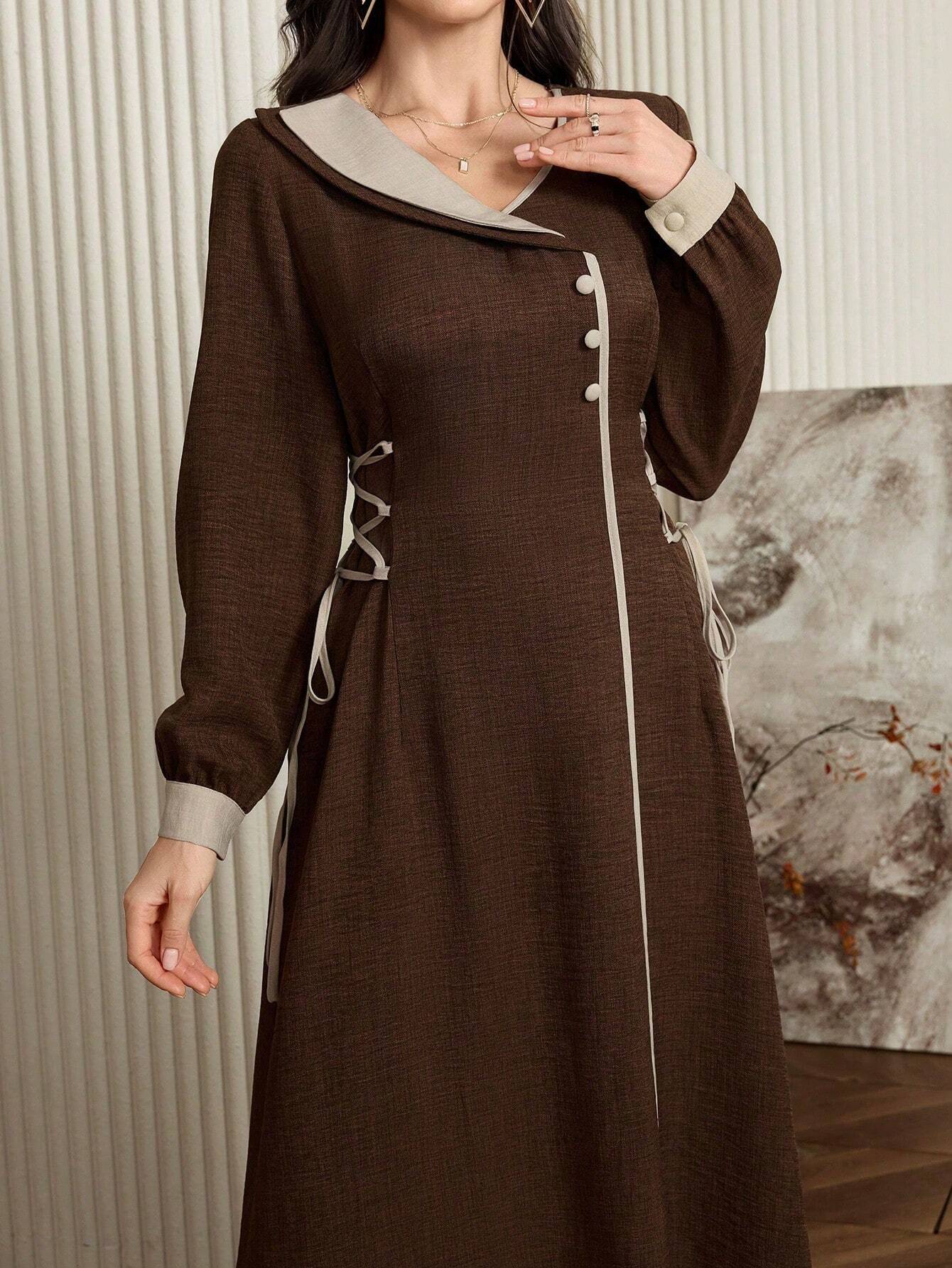 Modely Women's Color Block Lapel Long Sleeve Side Tie Waist Elegant Arabian Dress shein