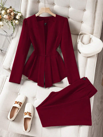 Privé 2pcs Set: Elegant Solid Color Blazer With Ruffle Hem & Flare Leg Pants shein