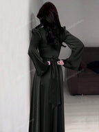 Women Solid Color Round Neck Belted Flare Sleeve Satin Elegant Dress shein