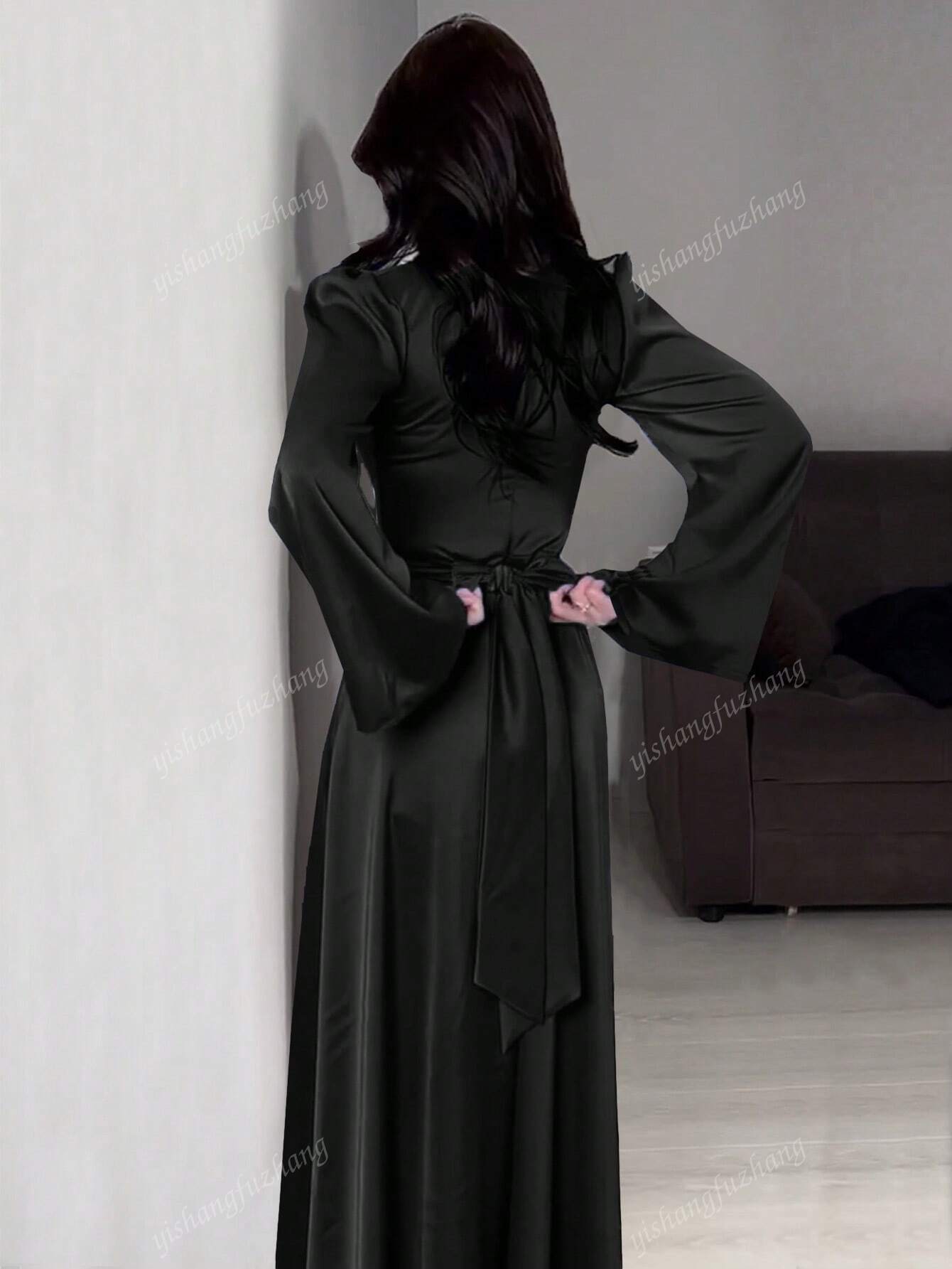 Women Solid Color Round Neck Belted Flare Sleeve Satin Elegant Dress shein
