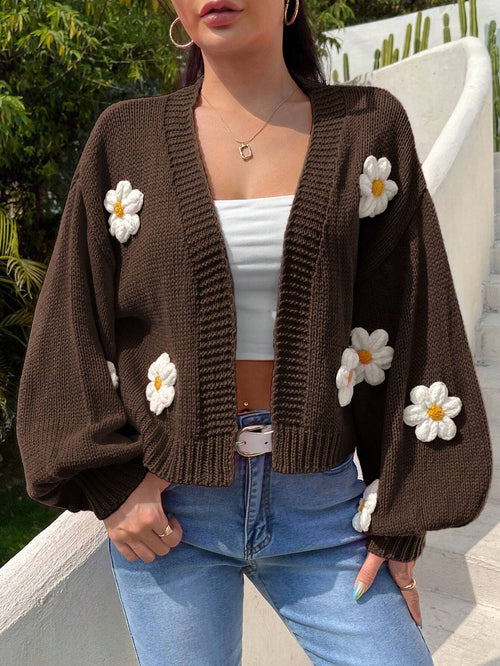 EZwear Long Sleeve Floral Decor Minimalist Cardigan shein