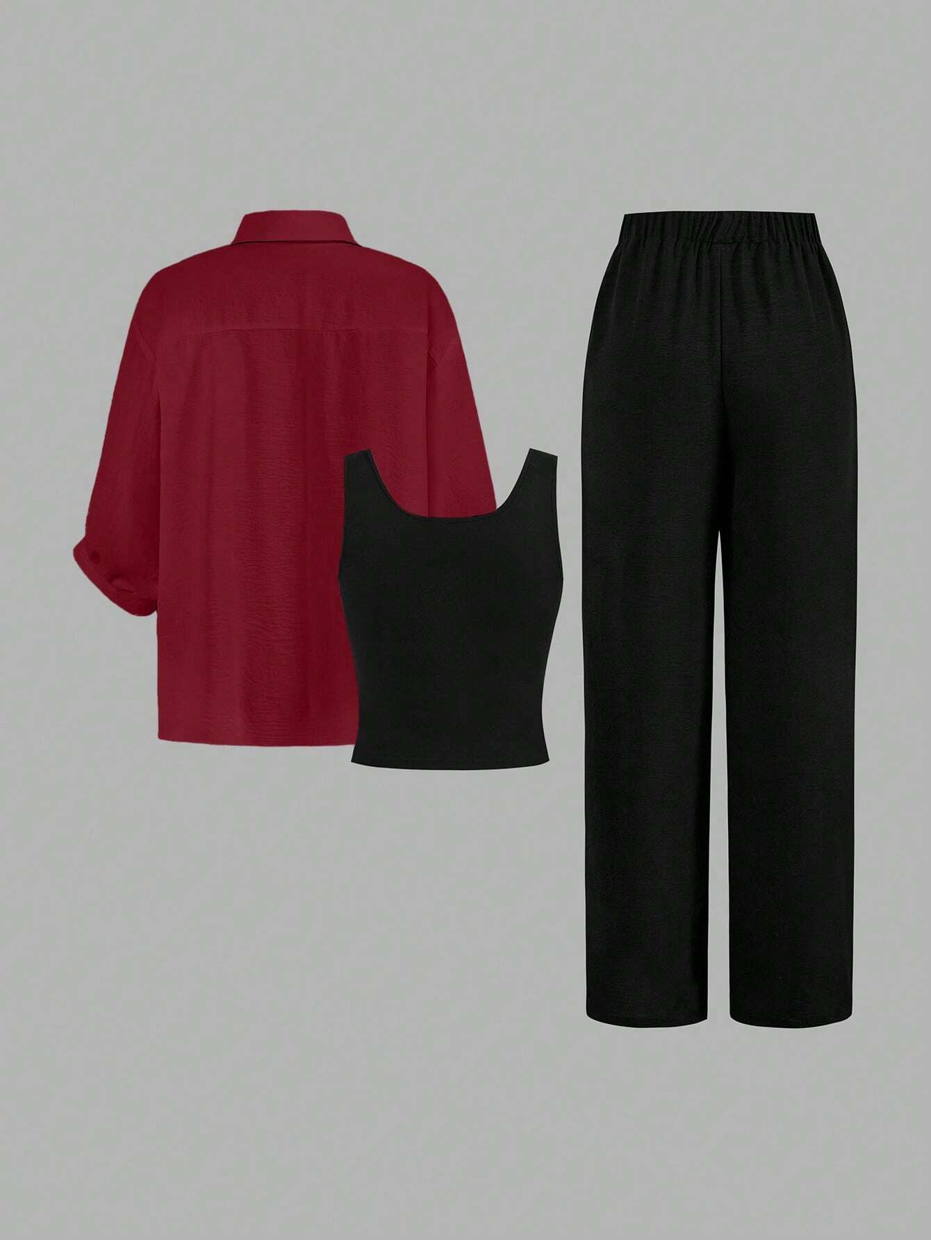 Luneh Square Neck Fitted Crop Top With Elastic Waist Bowknot Belt And Wide-Leg Pants + Vintage Leopard Print Button-Up Shirt shein