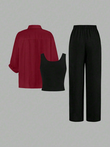 Luneh Square Neck Fitted Crop Top With Elastic Waist Bowknot Belt And Wide-Leg Pants + Vintage Leopard Print Button-Up Shirt