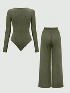 MOOSTA 2pcs Set: Square Neck Long Sleeve Jumpsuit And Drawstring Pants shein