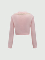 ROMWE Kawaii Women's Grayish Preppy Style Peter Pan Collar Lace Trim Bow Knitted Cardigan shein