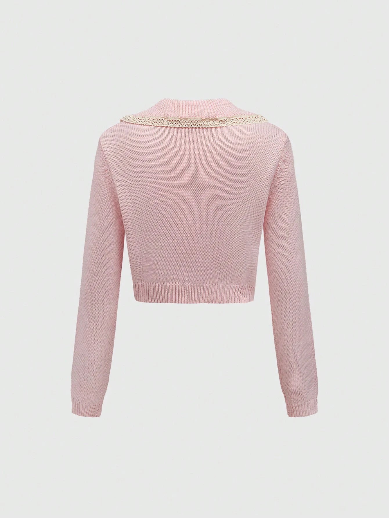 ROMWE Kawaii Women's Grayish Preppy Style Peter Pan Collar Lace Trim Bow Knitted Cardigan