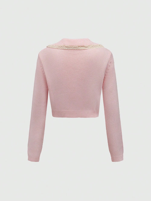 ROMWE Kawaii Women's Grayish Preppy Style Peter Pan Collar Lace Trim Bow Knitted Cardigan shein