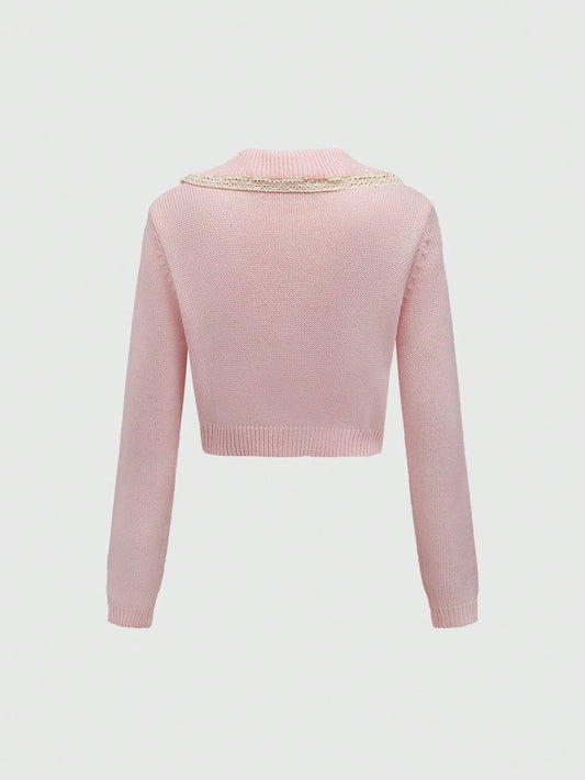 ROMWE Kawaii Women's Grayish Preppy Style Peter Pan Collar Lace Trim Bow Knitted Cardigan