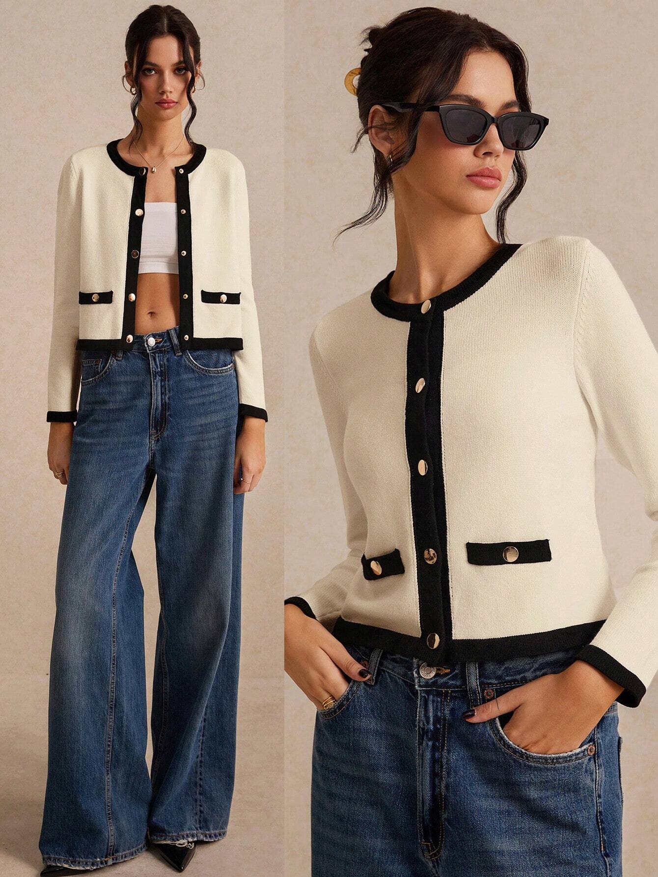 Poéselle Women's Color Collision Long Sleeve Trim Metal Button Front Knit Cardigan