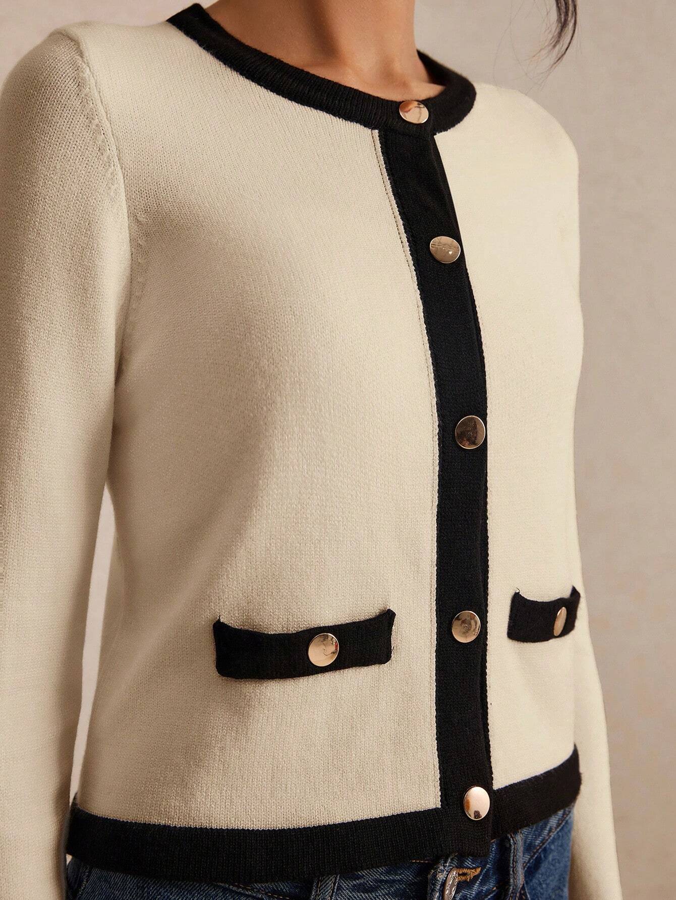 Poéselle Women's Color Collision Long Sleeve Trim Metal Button Front Knit Cardigan