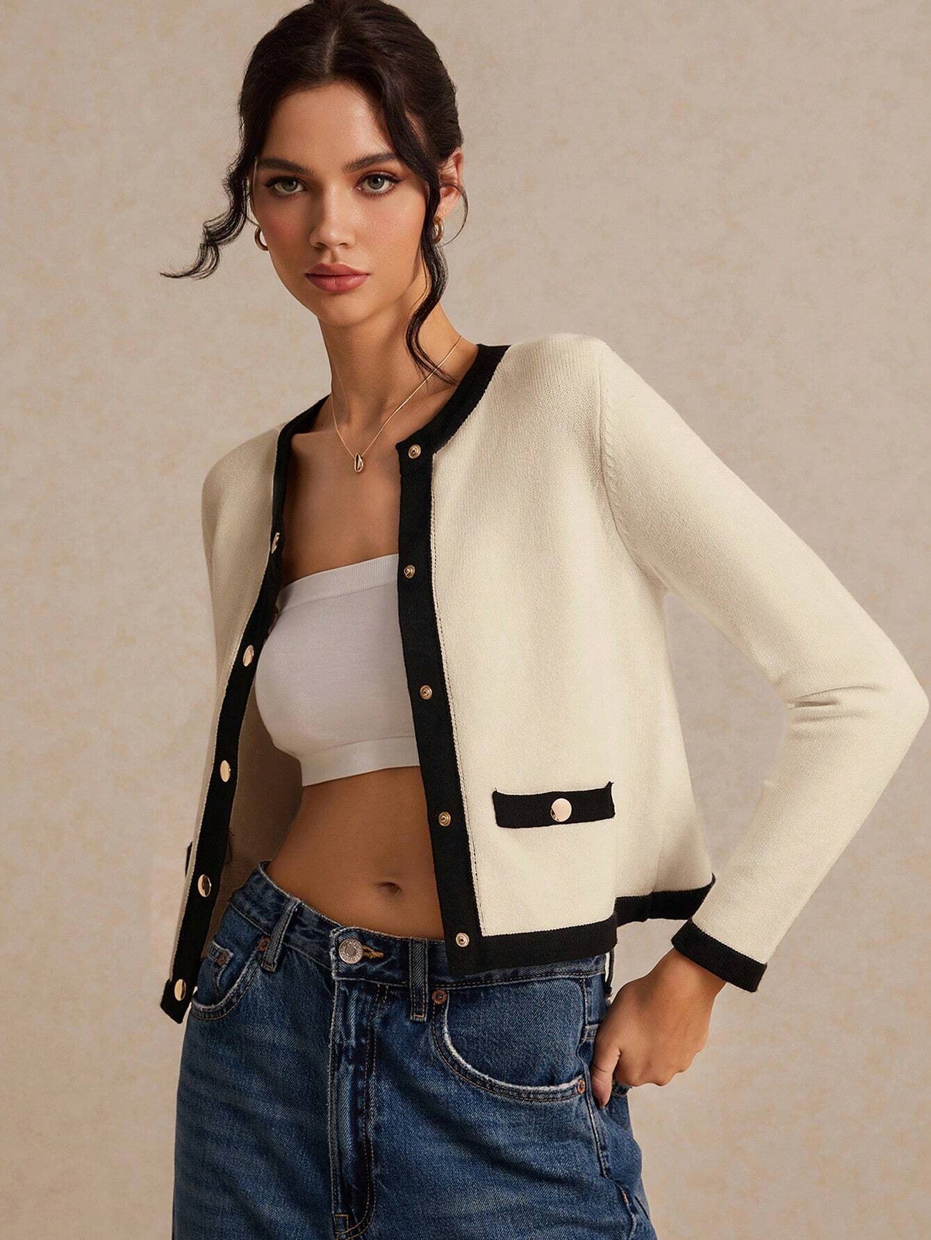 Poéselle Women's Color Collision Long Sleeve Trim Metal Button Front Knit Cardigan