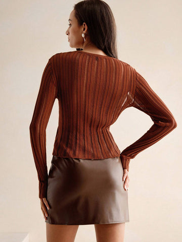 Anewsta Merlot Color Casual Sexy Elegant Simple Basic Crew Neck Long Sleeve T-Shirt With Openwork Texture
