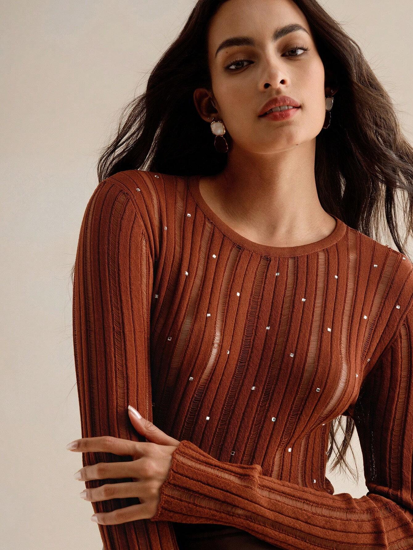 Anewsta Merlot Color Casual Sexy Elegant Simple Basic Crew Neck Long Sleeve T-Shirt With Openwork Texture shein