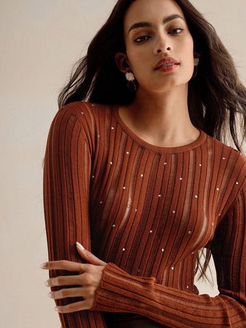 Anewsta Merlot Color Casual Sexy Elegant Simple Basic Crew Neck Long Sleeve T-Shirt With Openwork Texture