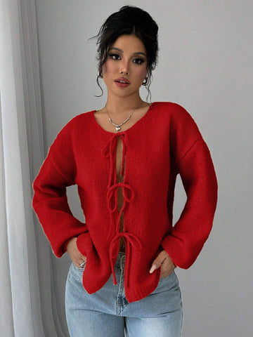 Essnce Trendy Front Tie Design Long Sleeve Cardigan