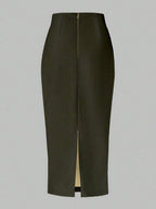 Essnce Solid Color Pleated Back Zipper Slit Skirt shein