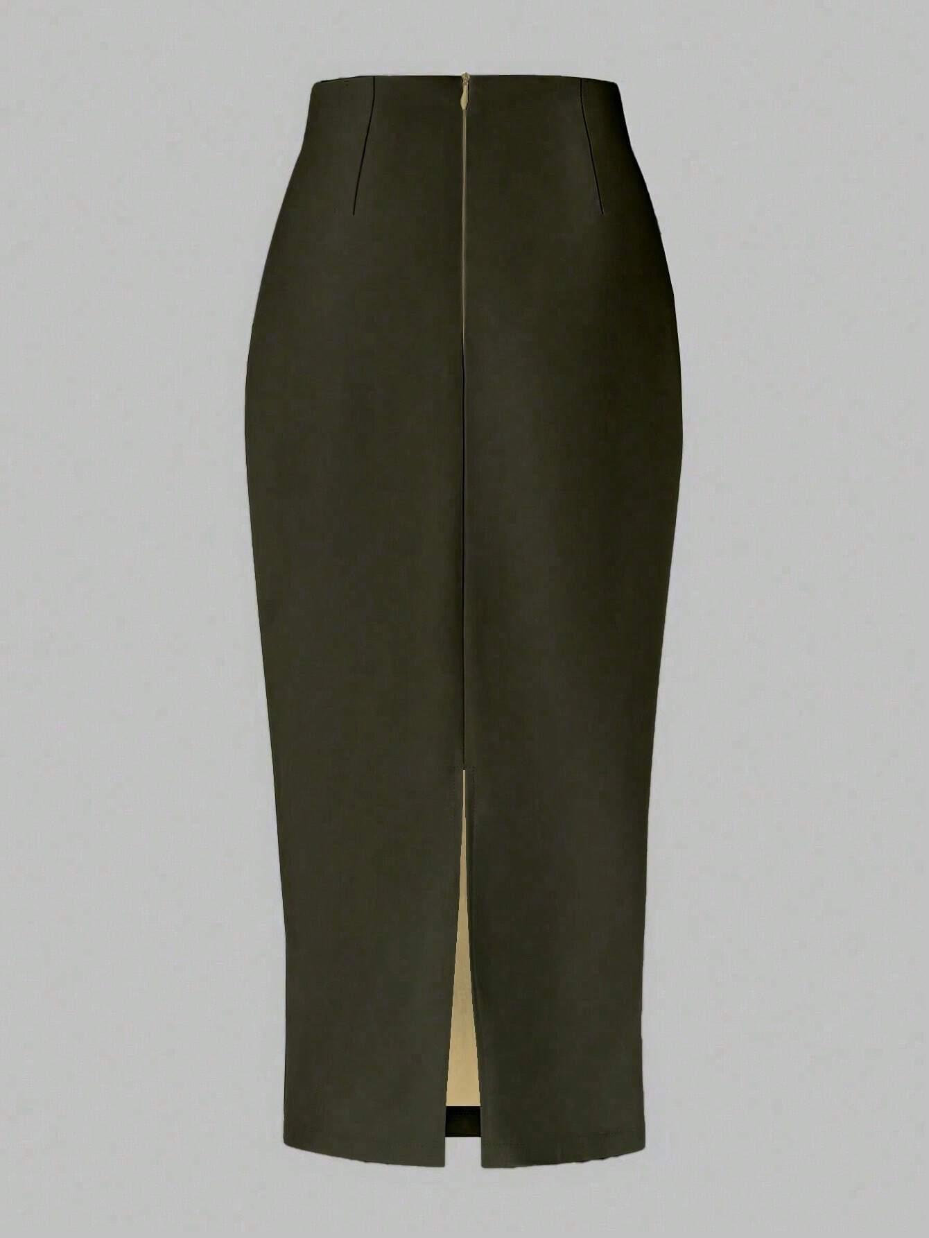 Essnce Solid Color Pleated Back Zipper Slit Skirt shein