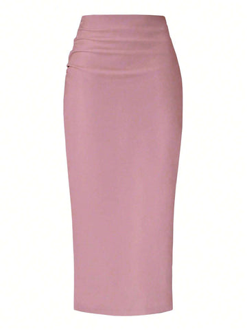 Essnce Solid Color Pleated Back Zipper Slit Skirt