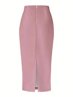 Essnce Solid Color Pleated Back Zipper Slit Skirt shein