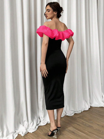 Elegant Fashionable Black And White Contrast Color Off Shoulder Ruffled Organza Spliced Slim Long Dress