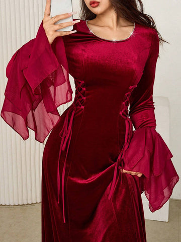 Modely Women's Elegant Round Neck Rhinestone Decor Side Tie-Wrap Waist Flared Sleeve Dress