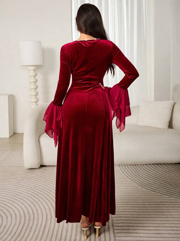 Modely Women's Elegant Round Neck Rhinestone Decor Side Tie-Wrap Waist Flared Sleeve Dress