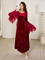 Modely Women's Elegant Round Neck Rhinestone Decor Side Tie-Wrap Waist Flared Sleeve Dress shein
