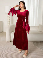 Modely Women's Elegant Round Neck Rhinestone Decor Side Tie-Wrap Waist Flared Sleeve Dress shein