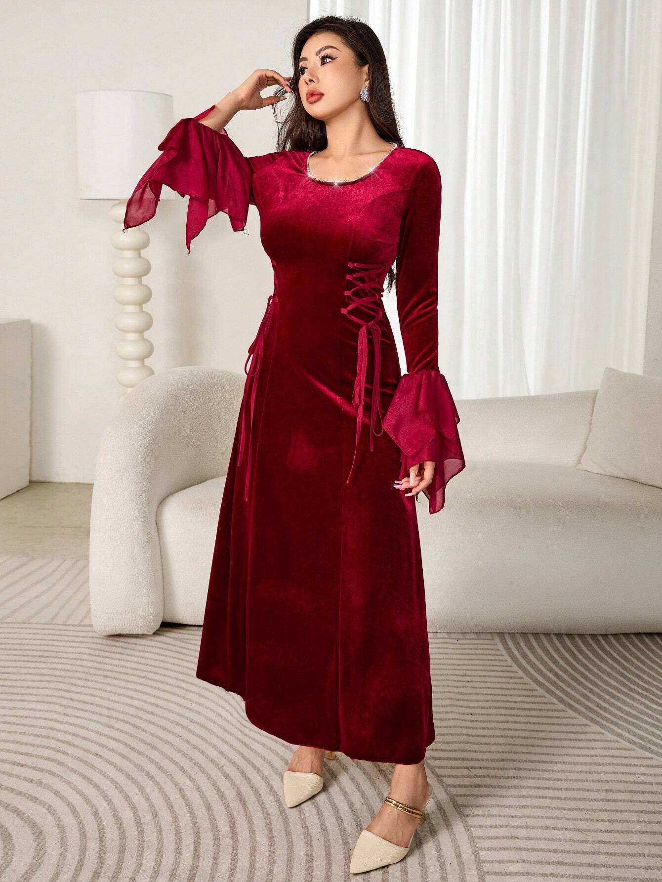 Modely Women's Elegant Round Neck Rhinestone Decor Side Tie-Wrap Waist Flared Sleeve Dress shein