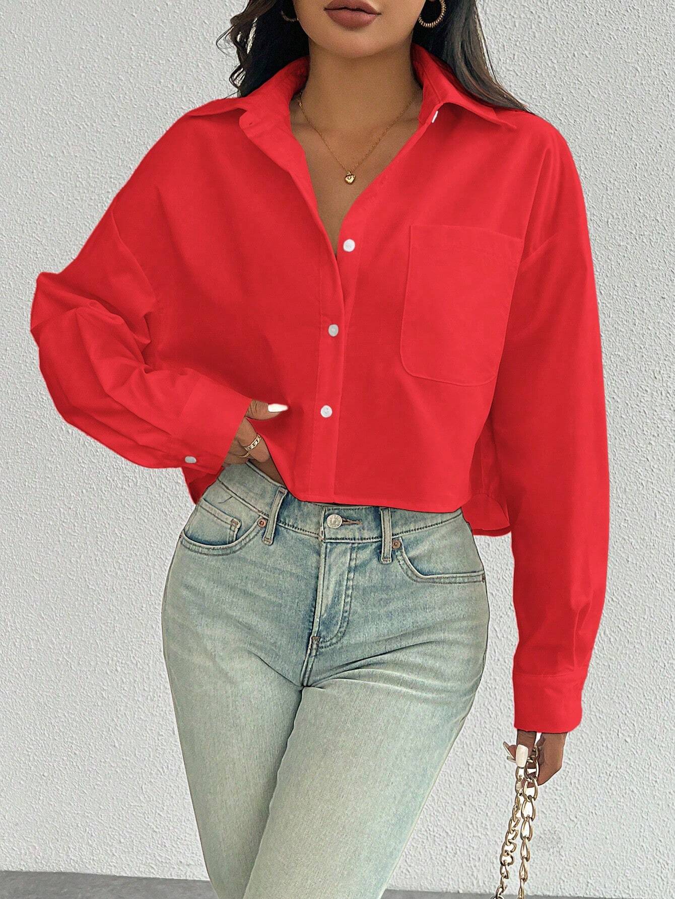 ChicEase Women Plain Button Front Long Sleeve Pocket Casual Shirt shein
