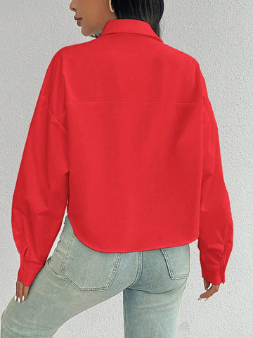 ChicEase Women Plain Button Front Long Sleeve Pocket Casual Shirt