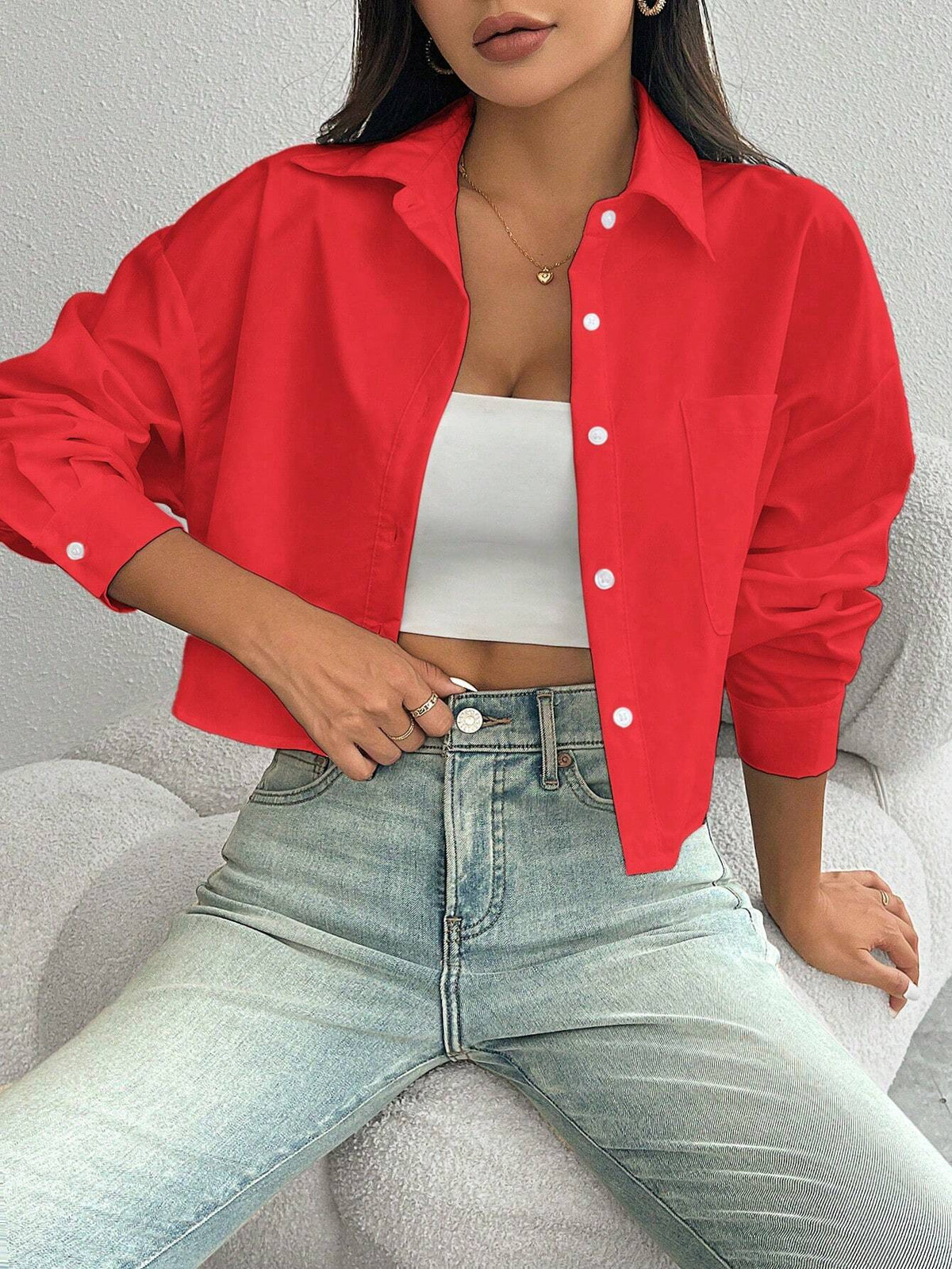 ChicEase Women Plain Button Front Long Sleeve Pocket Casual Shirt shein