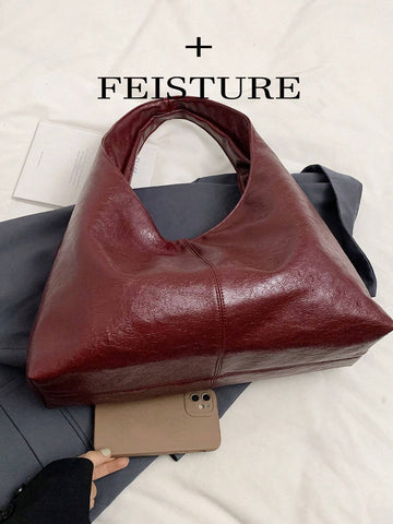 FEISTURE 1pc Solid Color PU Glossy Shoulder Tote Bag