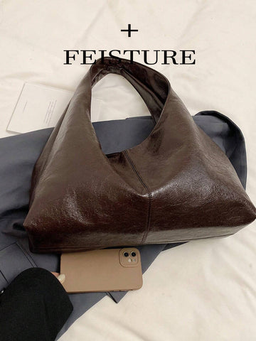 FEISTURE 1pc Solid Color PU Glossy Shoulder Tote Bag