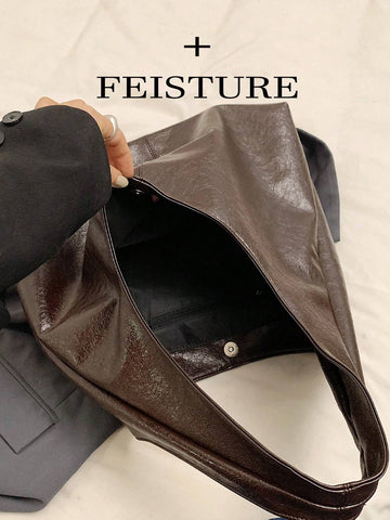 FEISTURE 1pc Solid Color PU Glossy Shoulder Tote Bag