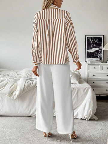 Frenchy Striped Collared Casual Shirt Paired With Straight White Pants shein