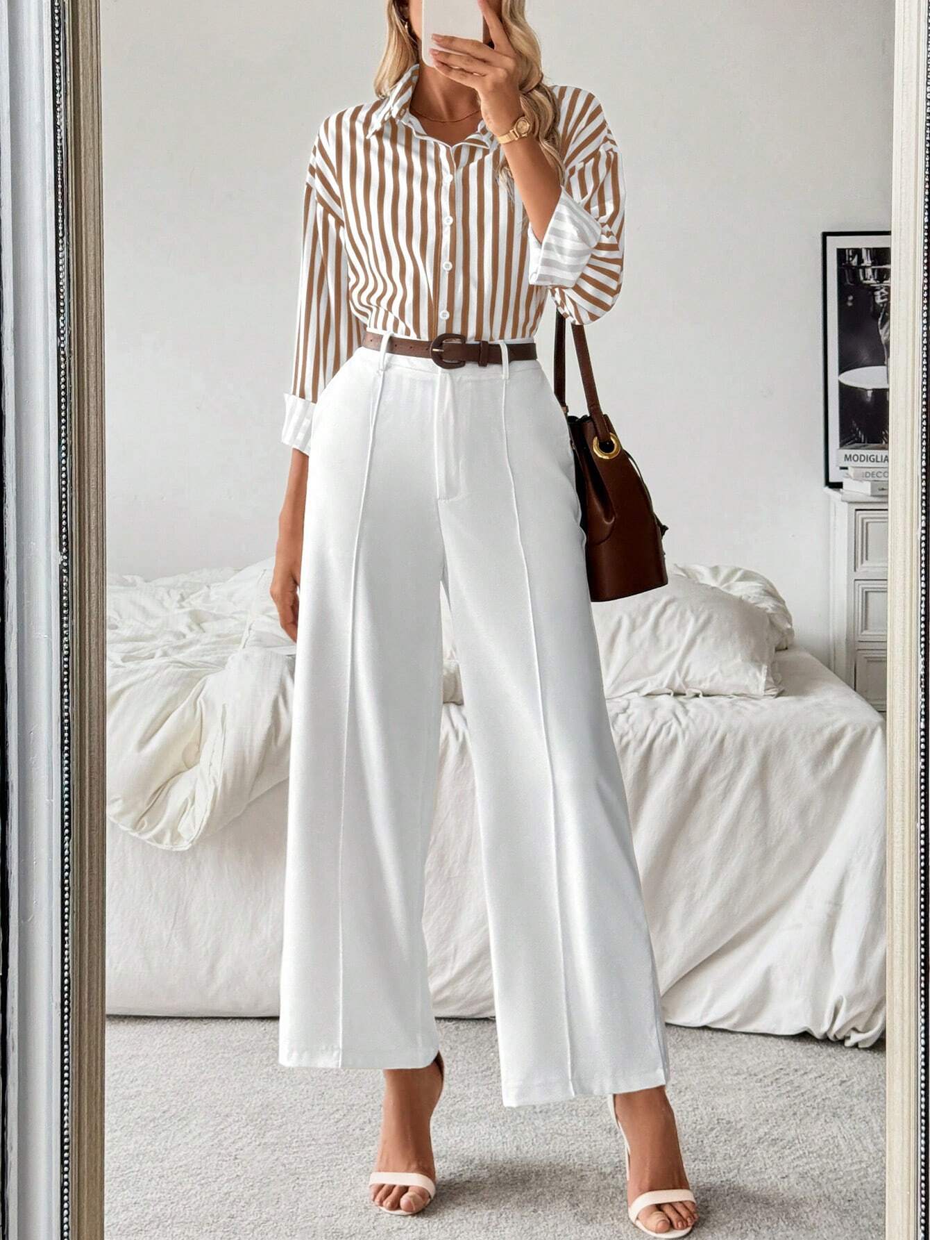 Frenchy Striped Collared Casual Shirt Paired With Straight White Pants shein