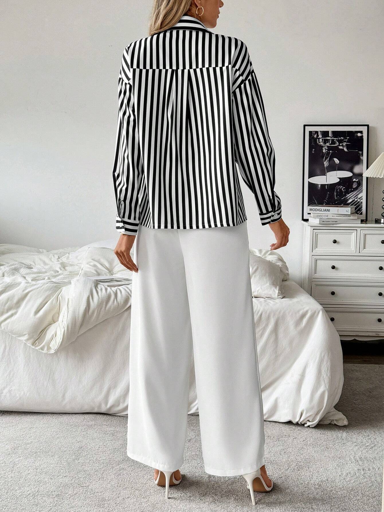 Frenchy Striped Collared Casual Shirt Paired With Straight White Pants shein