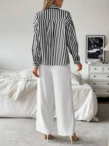 Frenchy Striped Collared Casual Shirt Paired With Straight White Pants shein