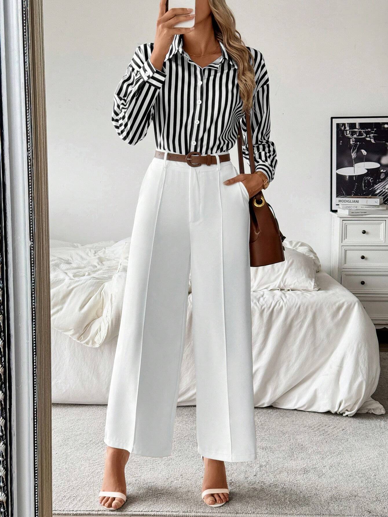 Frenchy Striped Collared Casual Shirt Paired With Straight White Pants shein