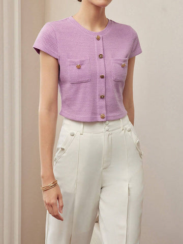 MOTF STUDIO GOLD BUTTON DETAIL PATCH POCKET TEXTURED CROP TEE shein