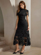 Anewsta Women's Elegant Fitted Water-Soluble Lace Short Sleeve Waist Cinched Mini Dress shein