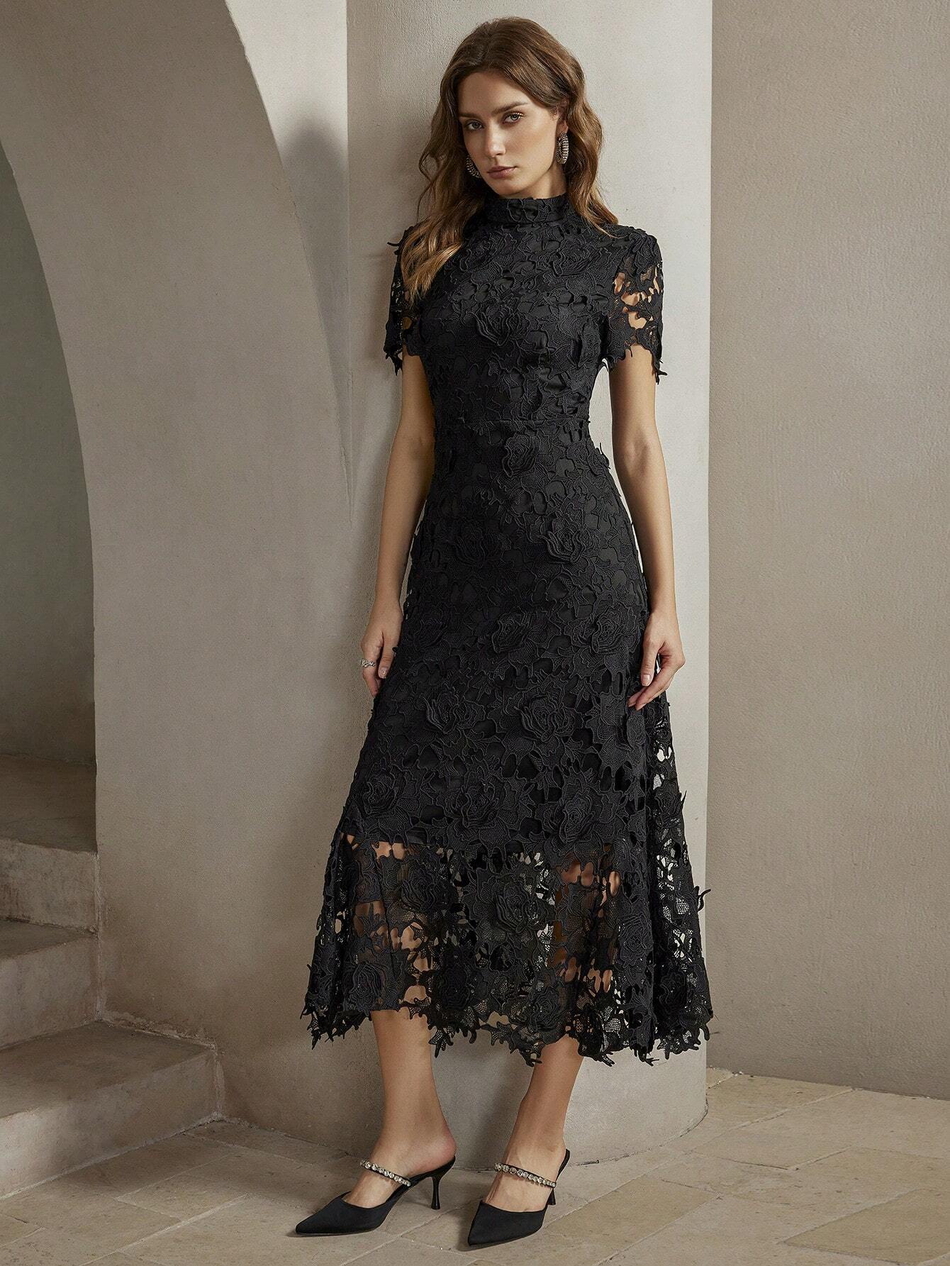 Anewsta Women's Elegant Fitted Water-Soluble Lace Short Sleeve Waist Cinched Mini Dress shein