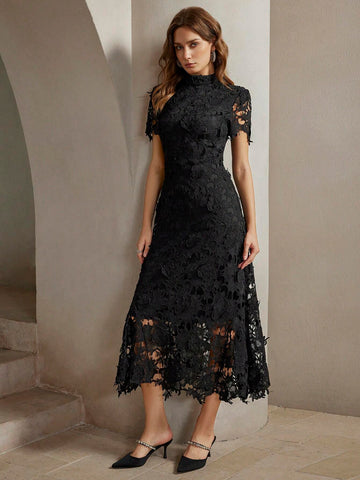 Anewsta Women's Elegant Fitted Water-Soluble Lace Short Sleeve Waist Cinched Mini Dress