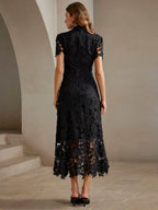 Anewsta Women's Elegant Fitted Water-Soluble Lace Short Sleeve Waist Cinched Mini Dress shein
