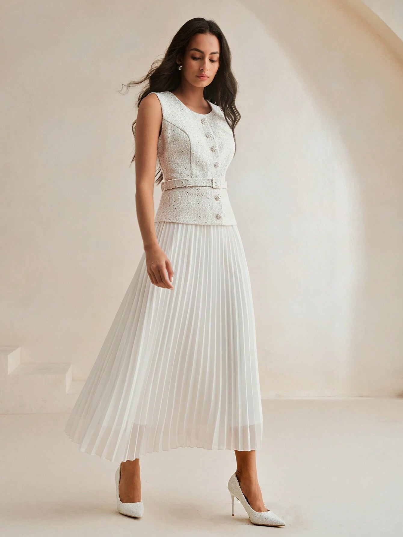 Anewsta Women Contrast Chiffon Pleated Long Dress shein