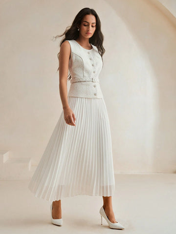 Anewsta Women Contrast Chiffon Pleated Long Dress
