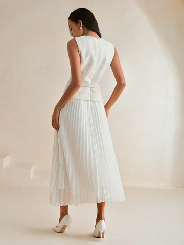 Anewsta Women Contrast Chiffon Pleated Long Dress