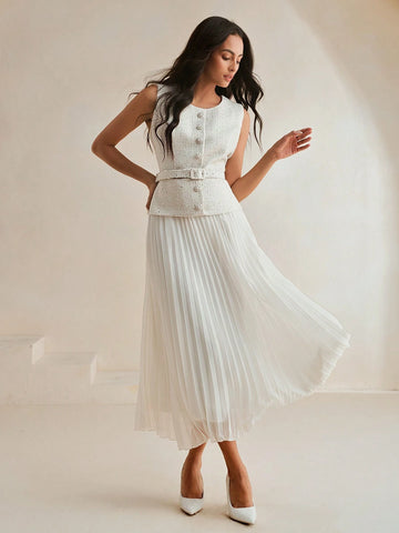 Anewsta Women Contrast Chiffon Pleated Long Dress